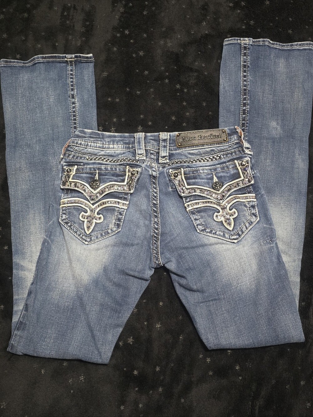 ⚜️ Rock Revival Essie Bootcut Sequin Embellished Designer Denim Jeans Size 27/4
